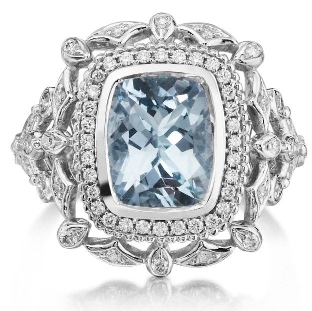 Aquamarine Cushion Cut Diamond Engagement Ring 18kt White Gold