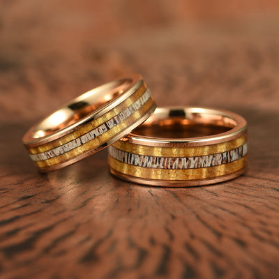 Hawaiian Koa Wood & Antler Rose Tungsten Mens Wedding Band 8MM