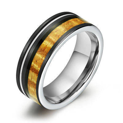 Hawaiian Koa Wood Guitar String Tungsten Mens Wedding Band 8MM