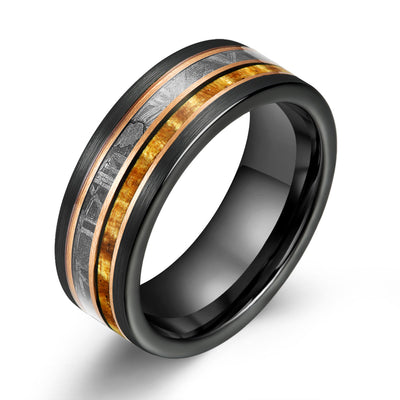 Hawaiian Koa Wood & Meteorite Black Tungsten Mens Wedding Band 8MM